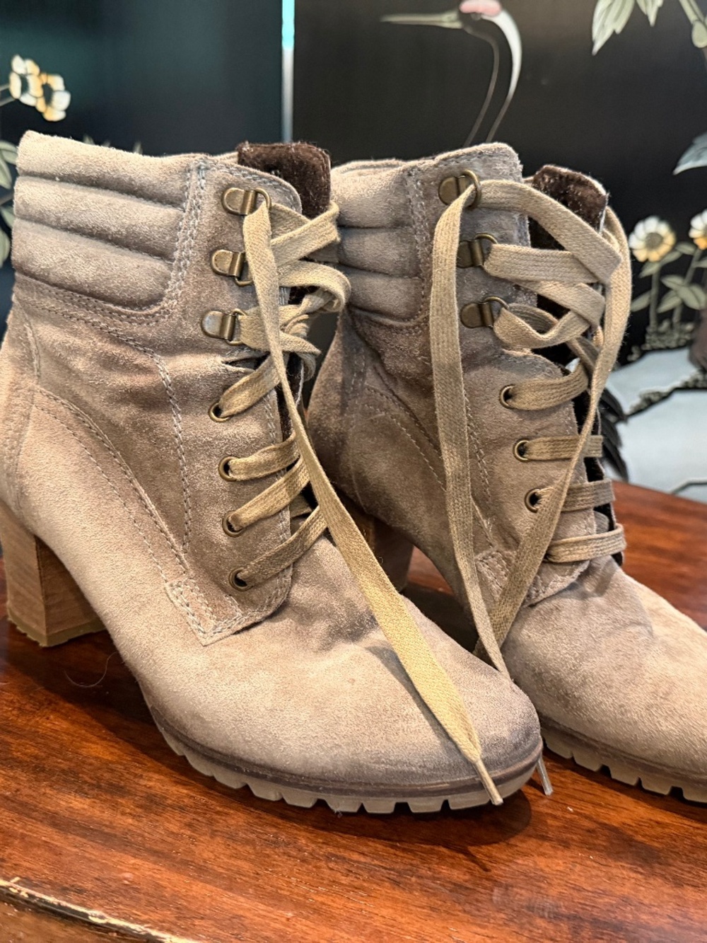 Manas Italian Distressed Suede Lace-Up Heeled Boots - Size 38 (US 7.5). taupe